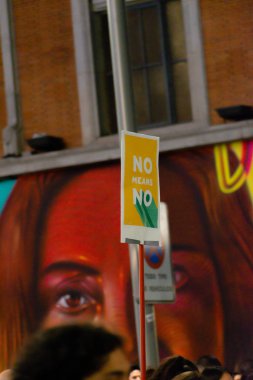 MADRID, SPAIN - MARCH 8, 2019: Massive feminist protest on 8M in favour of women's rights and equality in society. Protest posters could be seen during the demonstration, in Madrid, Spain on March 8, 