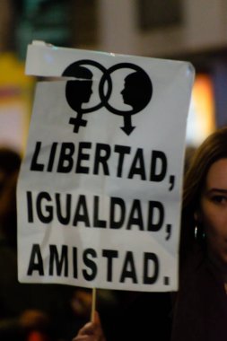 MADRID, SPAIN - MARCH 8, 2019: Massive feminist protest on 8M in favour of women's rights and equality in society. Protest posters could be seen during the demonstration, in Madrid, Spain on March 8, 