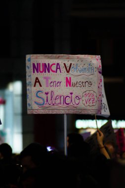 MADRID, SPAIN - MARCH 8, 2019: Massive feminist protest on 8M in favour of women's rights and equality in society. Protest posters could be seen during the demonstration, in Madrid, Spain on March 8, 