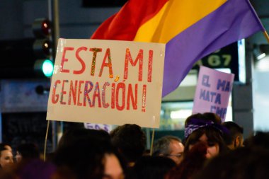 MADRID, SPAIN - MARCH 8, 2019: Massive feminist protest on 8M in favour of women's rights and equality in society. Protest posters could be seen during the demonstration, in Madrid, Spain on March 8, 