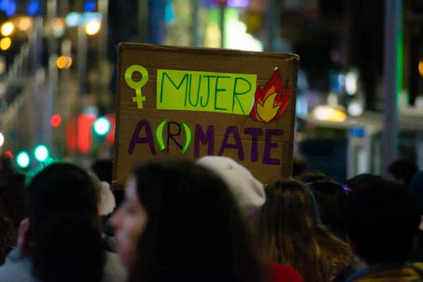 MADRID, SPAIN - MARCH 8, 2019: Massive feminist protest on 8M in favour of women's rights and equality in society. Protest posters could be seen during the demonstration, in Madrid, Spain on March 8, — 스톡 사진