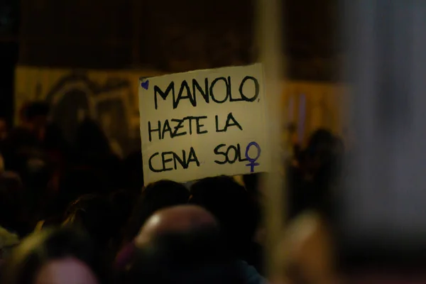 MADRID, SPAIN - MARCH 8, 2019: Massive feminist protest on 8M in favour of women's rights and equality in society. Protest posters could be seen during the demonstration, in Madrid, Spain on March 8, — Stock Photo, Image