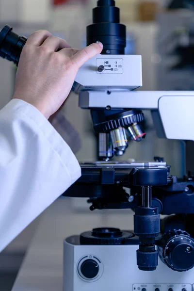 Scientific handling a light microscope examines a laboratory sample for pharmaceutical bioscience research. Concept of science, laboratory and study of diseases.