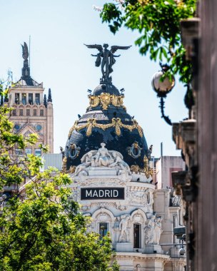 Madrid 'de ağaçlarla çerçevelenmiş amblemli binalar. Seyahat kavramı. İspanya.