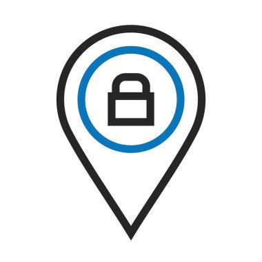 Web uygulama arayüzünde kullanılacak beyaz arkaplanda ikiz renkli asma kilit konumu simgesi. Ayrıca seyahat ve turizm sektöründe de kullanılabilir..