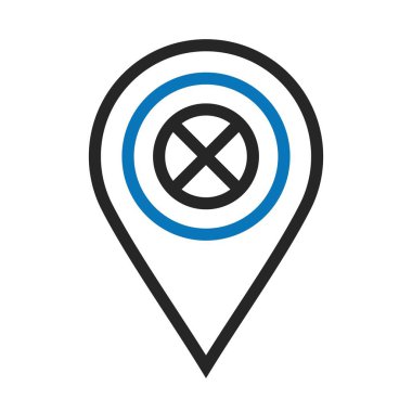 Web uygulama arayüzünde kullanmak için beyaz arkaplan üzerinde ikiz renk yasaklanmış konum simgesi. Ayrıca seyahat ve turizm sektöründe de kullanılabilir..