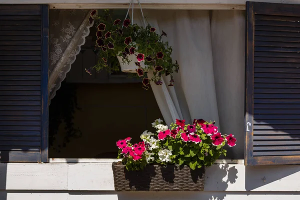 Okno Drewniane Ozdobione Kwiatami Stylu Rustykalnym Petunie Dekoracji Kwiatami — Zdjęcie stockowe