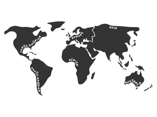 Zjednodušeno světa mapa rozdělena na šest kontinentů v tmavě šedá — Stockový vektor