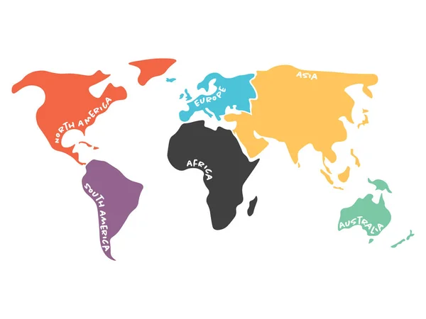 Mapa do mundo simplificado multicolorido dividido em continentes — Vetor de Stock
