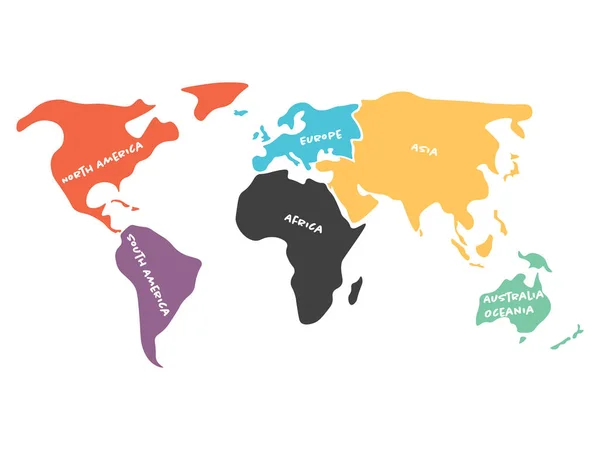 Veelkleurige vereenvoudigde wereldkaart verdeeld naar werelddelen — Stockvector
