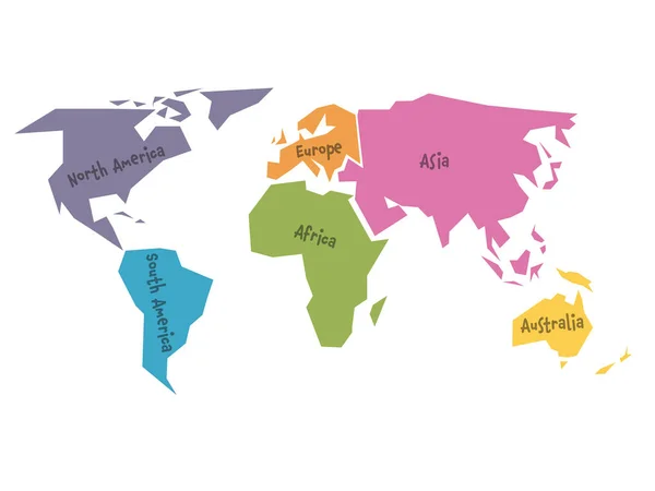 Vereenvoudigde wereldkaart verdeeld naar zes continenten in verschillende kleuren. Eenvoudige platte vectorillustratie. — Stockvector