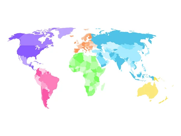 Boş Basitleştirilmiş siyasi haritası Dünya her kıtanın farklı renkler ile — Stok Vektör