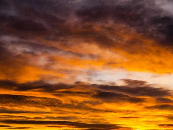 Драматическое золотое небо с освещенными облаками в вечернее время заката — стоковое фото