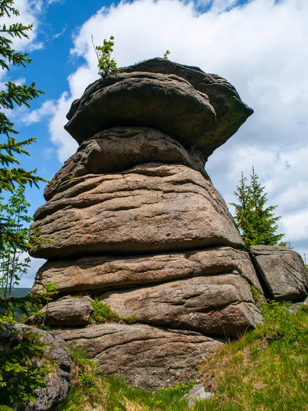 Pedra de balanço de granito Cogumelo nas Montanhas Jizera, República Checa — Fotografia de Stock