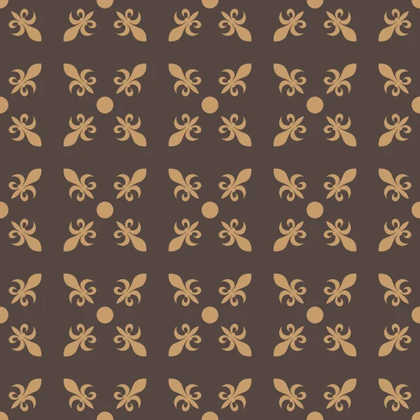 Fleur de lis in diagonaler Anordnung mit Punkt in der Mitte. abstraktes retro-geometrisches nahtloses Muster. beige Vektorabbildung auf braunem Hintergrund — Stockvektor
