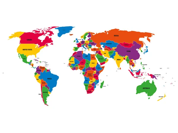 Mapa vectorial político multicolor de Mundo con fronteras nacionales y nombres de países sobre fondo blanco — Vector de stock