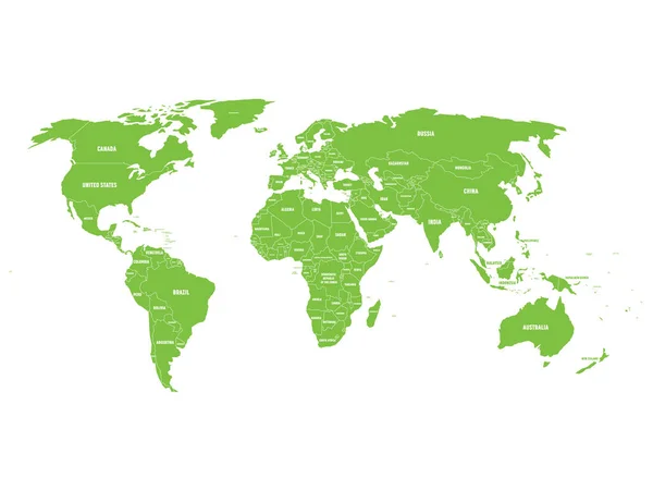 Green political Mapa světa s hranicemi země a bílými štítky státních jmen. Ručně kreslená zjednodušená vektorová ilustrace — Stockový vektor