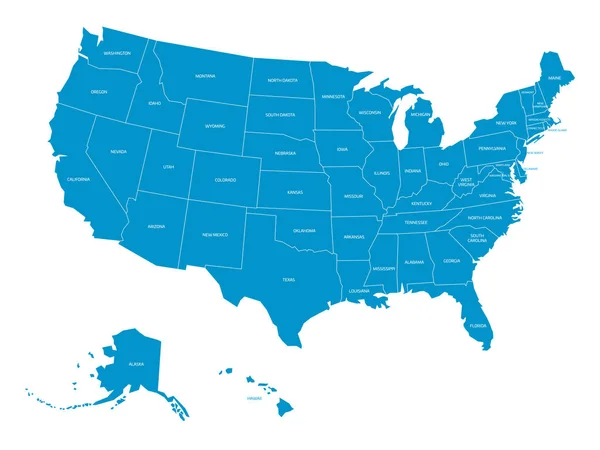 Mapa Spojených států amerických se státními jmény. Zjednodušená tmavě šedá silueta vektorová mapa na bílém pozadí — Stockový vektor