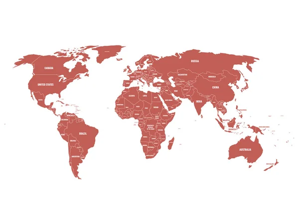 Maroon político Mapa do mundo com fronteiras de país e rótulos de nome do estado branco. Ilustração vetorial simplificada desenhada à mão —  Vetores de Stock