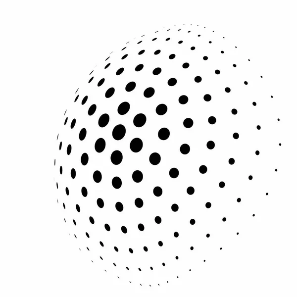 Abstraktní polotónová 3D koule kruhových teček v radiálním uspořádání. Jednoduchý moderní design vektorový prvek v černé a bílé — Stockový vektor