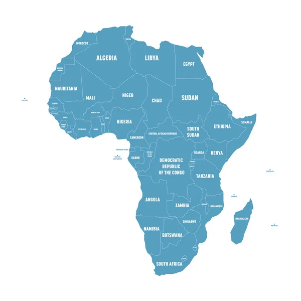 Mapa azul plano simple del continente africano con fronteras nacionales y etiquetas de nombres de país sobre fondo blanco. Ilustración vectorial — Vector de stock