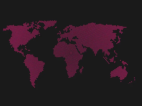 Mapa świata małych kropek w promieniowe rozmieszczenie różowy półtonów. Ilustracja wektorowa płaskie proste na ciemny szary tło — Wektor stockowy