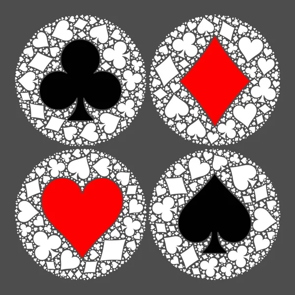 Mosaic cirkel av poker spelkort kostym med främsta symbol i mitten - hjärta, diamant, spade och club. Flat vektorillustration på grå bakgrund — Stock vektor