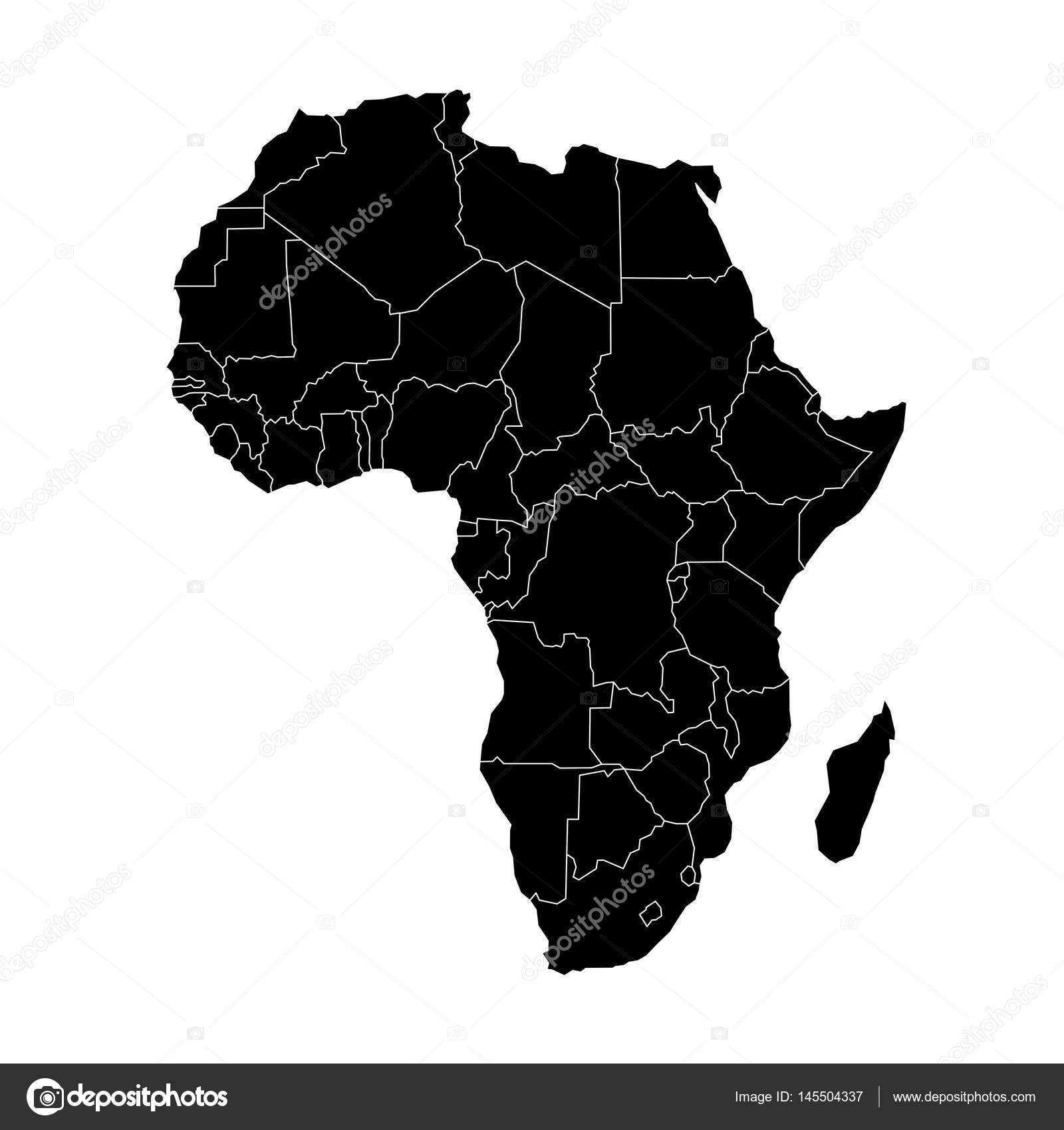 Mapa preto plano simples do continente africano com fronteiras nacionais  isoladas sobre fundo branco. Ilustração vetorial Vetor de stock de ©pyty  145504337, image size:1600x1700