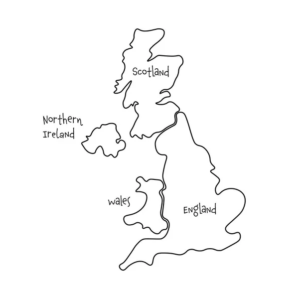 Regno Unito, alias Regno Unito, di Gran Bretagna e Irlanda del Nord carta bianca disegnata a mano. Diviso in quattro paesi Inghilterra, Galles, Scozia e NI. Semplice illustrazione vettoriale piatta — Vettoriale Stock