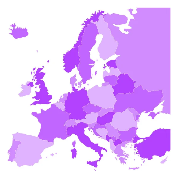 Political map of Europe in four shades of violet on white background. Vector illustration — Stock Vector