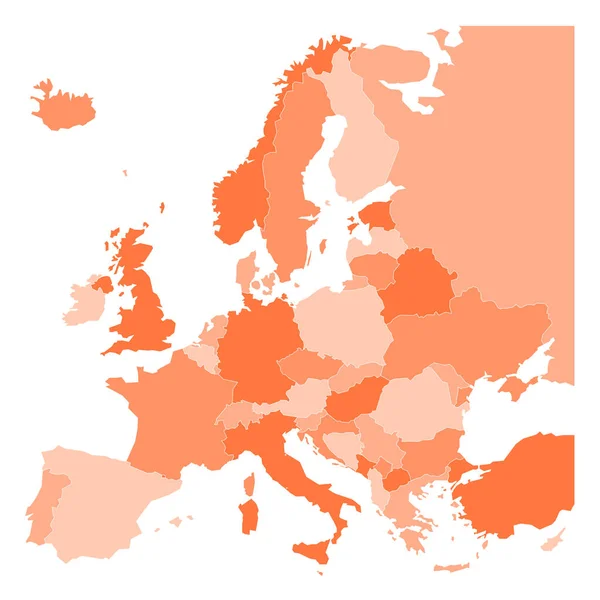 Mapa político de Europa en cuatro tonos de naranja sobre fondo blanco. Ilustración vectorial — Vector de stock