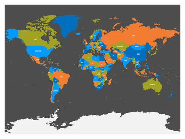 Політична мапа світу з Антарктиди. Країн в чотирьох різних кольорах без кордонів на темно-сірий фон. Білий етикетки зі Штатів і значні залежних територій імена. Високому докладно — стоковий вектор