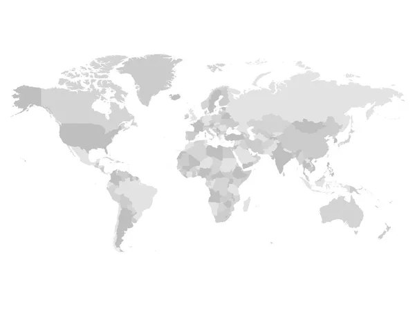 Mapa del mundo en cuatro tonos de gris sobre fondo blanco. Mapa político en blanco de alto detalle. Ilustración vectorial con trayectoria compuesta etiquetada de cada país — Archivo Imágenes Vectoriales