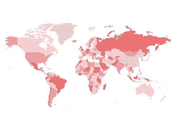 Mapa del mundo en cuatro tonos de rosa sobre fondo blanco. Mapa político en blanco de alto detalle. Ilustración vectorial con trayectoria compuesta etiquetada de cada país — Vector de stock