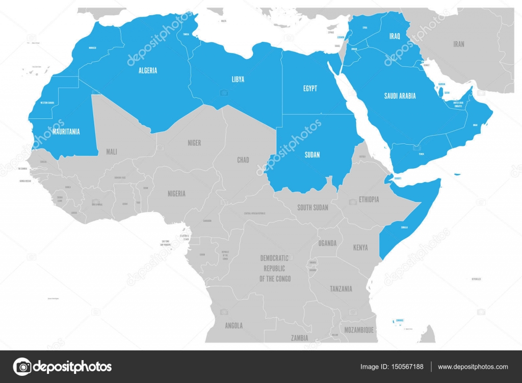 アラブ世界は、アラブ連盟の22のアラビア語圏の国々を強調した政治地図