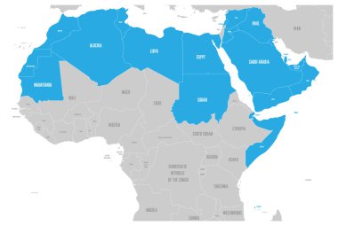 Arab World states political map with higlighted 22 arabic-speaking countries of the Arab League. Northern Africa and Middle East region. Vector illustration clipart