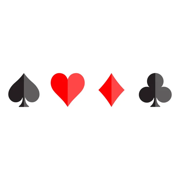Pokerkort kostymer - hjärtan, klubbar, spader och diamanter - på vit bakgrund. Kasino speltema vektor illustration. Svarta och röda former med enkel blank effekt — Stock vektor