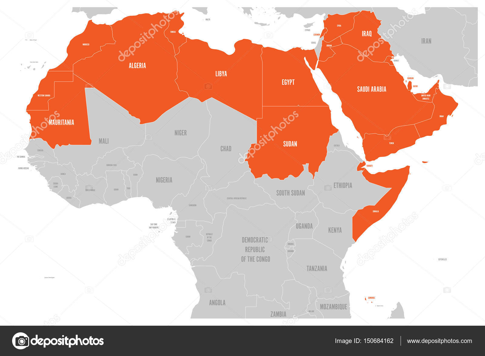 arab world states political map with higlighted 22 arabic speaking countries of the arab league