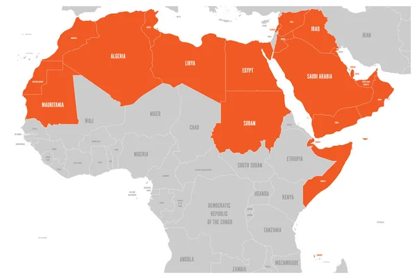O mapa político dos estados árabes do mundo com higlit 22 países arabic-speaking da liga árabe. Norte de África e região do Oriente Médio. Ilustração vetorial — Vetor de Stock