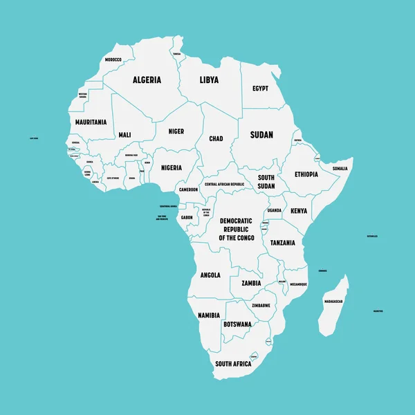 Mapa plano simples do continente africano com fronteiras nacionais e rótulos de nomes de países em fundo azul. Ilustração vetorial — Vetor de Stock
