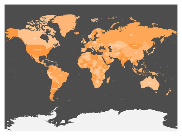 Mapa político del mundo con la Antártida. Países en cuatro tonos de naranja sin bordes sobre fondo gris oscuro. Etiquetas blancas con nombres de estados y territorios dependientes significativos. Alto detalle — Vector de stock