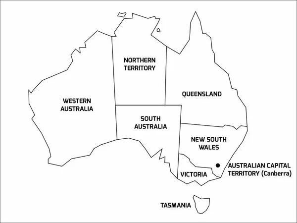 Mapa simplificado de Australia dividido en estados y territorios. Mapa de contorno negro con etiquetas — Archivo Imágenes Vectoriales