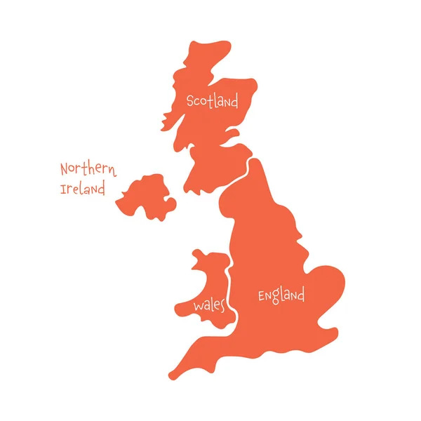 Reino Unido, también conocido como Reino Unido, de Gran Bretaña e Irlanda del Norte dibujado a mano mapa en blanco. Dividido en cuatro países: Inglaterra, Gales, Escocia y NI. Ilustración simple vector plano — Archivo Imágenes Vectoriales