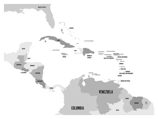 Midden-Amerika en Caribisch gebied-Staten politieke kaart in vier schaduwen van grijs met zwarte land namen labels. Eenvoudige platte vectorillustratie — Stockvector