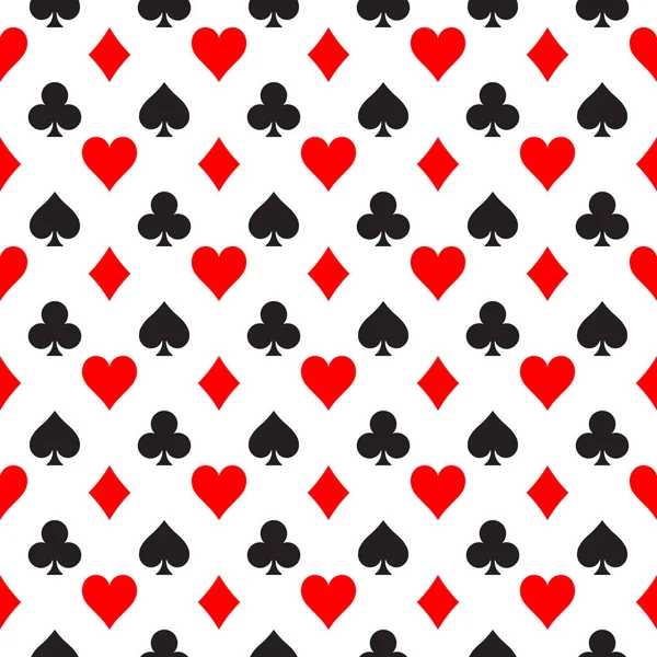 Χωρίς ραφή πρότυπο υπόβαθρο του πόκερ κοστούμια - καρδιές, κλαμπ, τσάπες και διαμάντια - τακτοποιούνται σε γραμμές σε λευκό φόντο. Καζίνο τυχερά παιχνίδια θέμα εικονογράφηση διάνυσμα — Διανυσματικό Αρχείο