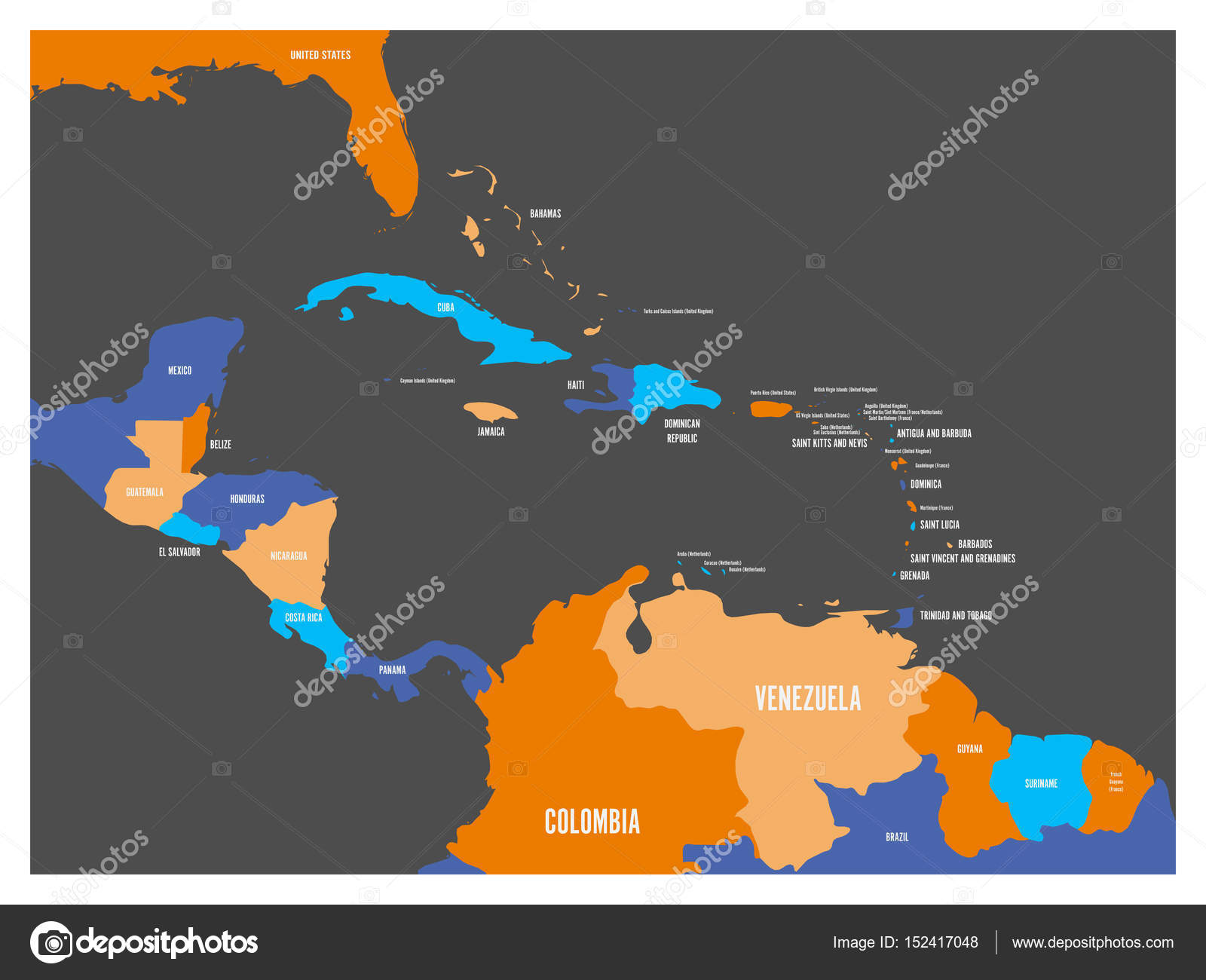 Mellom-Amerika og Carribean angir et politisk kart med landnavn. Enkel  flatvektorillustrasjon stockvektor © pyty #152417048, image size:1024x832