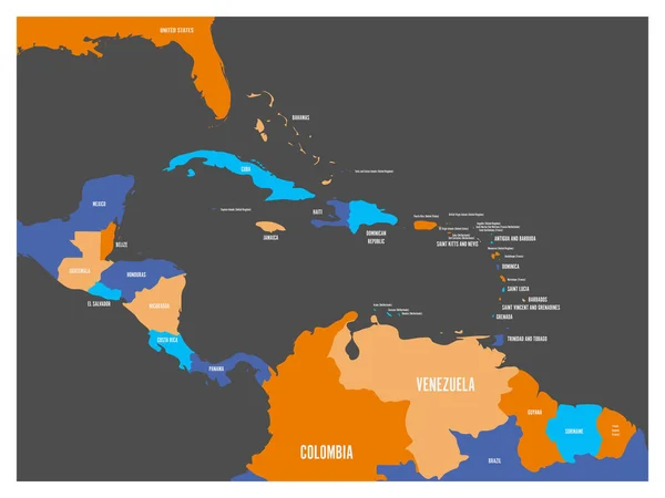 Mapa político de Centroamérica y los estados del Caribe con etiquetas de nombres de países. Ilustración simple vector plano — Vector de stock