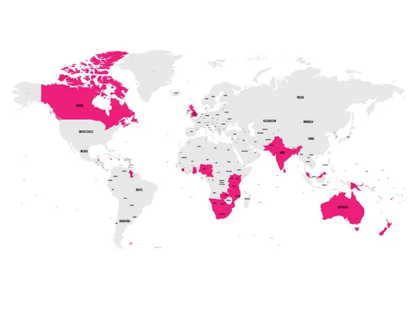 Los Estados miembros de la Mancomunidad Británica de rosa destacaron en el mapa mundial. Ilustración vectorial — Vector de stock