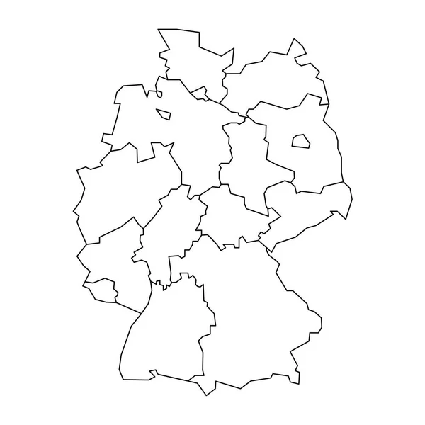 Mappa della Germania deviato a 13 stati federali e 3 città-stato - Berlino, Brema e Amburgo, Europa. Semplice mappa vettoriale bianca piatta con contorni neri — Vettoriale Stock