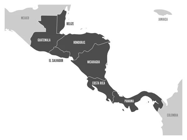 Carte de la région d'Amérique centrale avec le gris foncé mis en évidence les États d'Amérique centrale. Étiquettes de pays. Illustration vectorielle plate simple — Image vectorielle